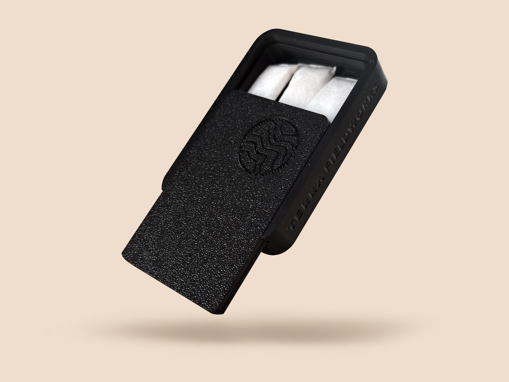 SIXSHOOTER case with the lid slid open, three white pouches visible inside