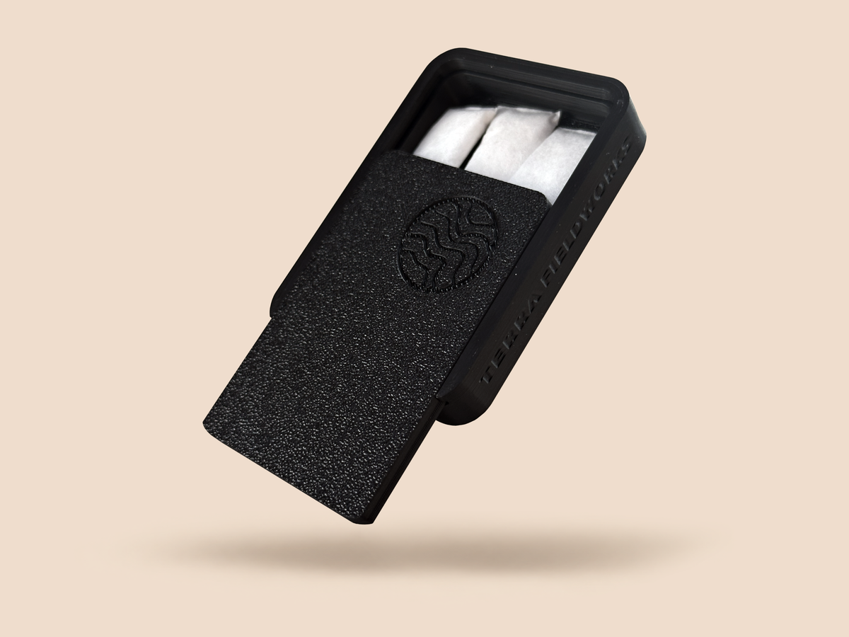 SIXSHOOTER case with the lid slid open, three white pouches visible inside